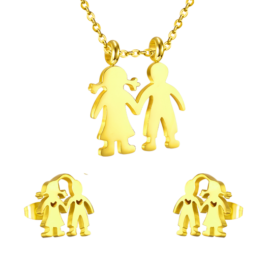 Gold cut boy and girl holding hands jewelry set without diamonds