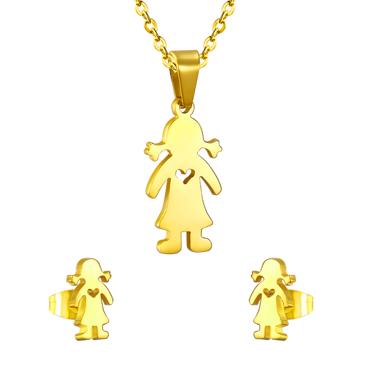 Gold/steel little girl's figure with hollow center cut jewelry set without diamonds