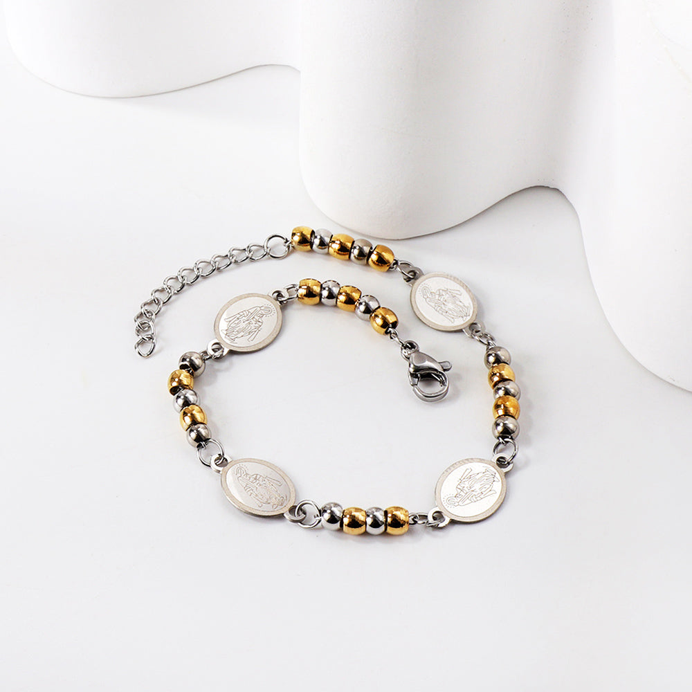 4 Oval with Portrait + 5 Gradient Gold Beads Charm Bracelet 18+3cm