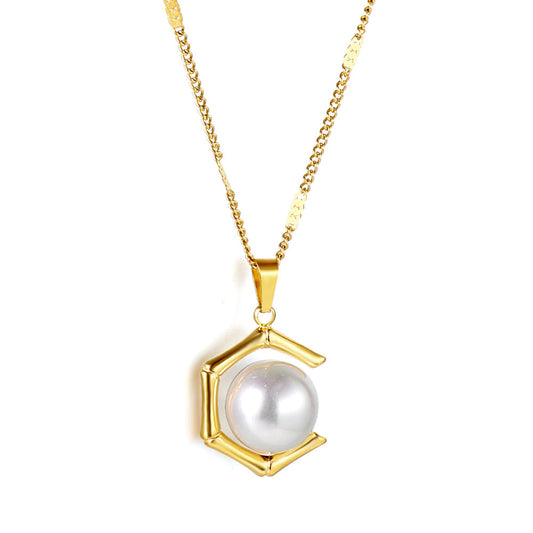 Wholesale Pentagonal + white pearl pendant necklace 40+5cm