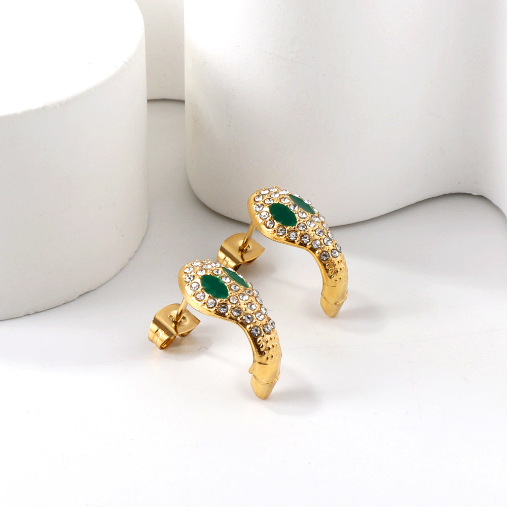 Snake with white diamonds + green diamonds earrings in 18k gold
