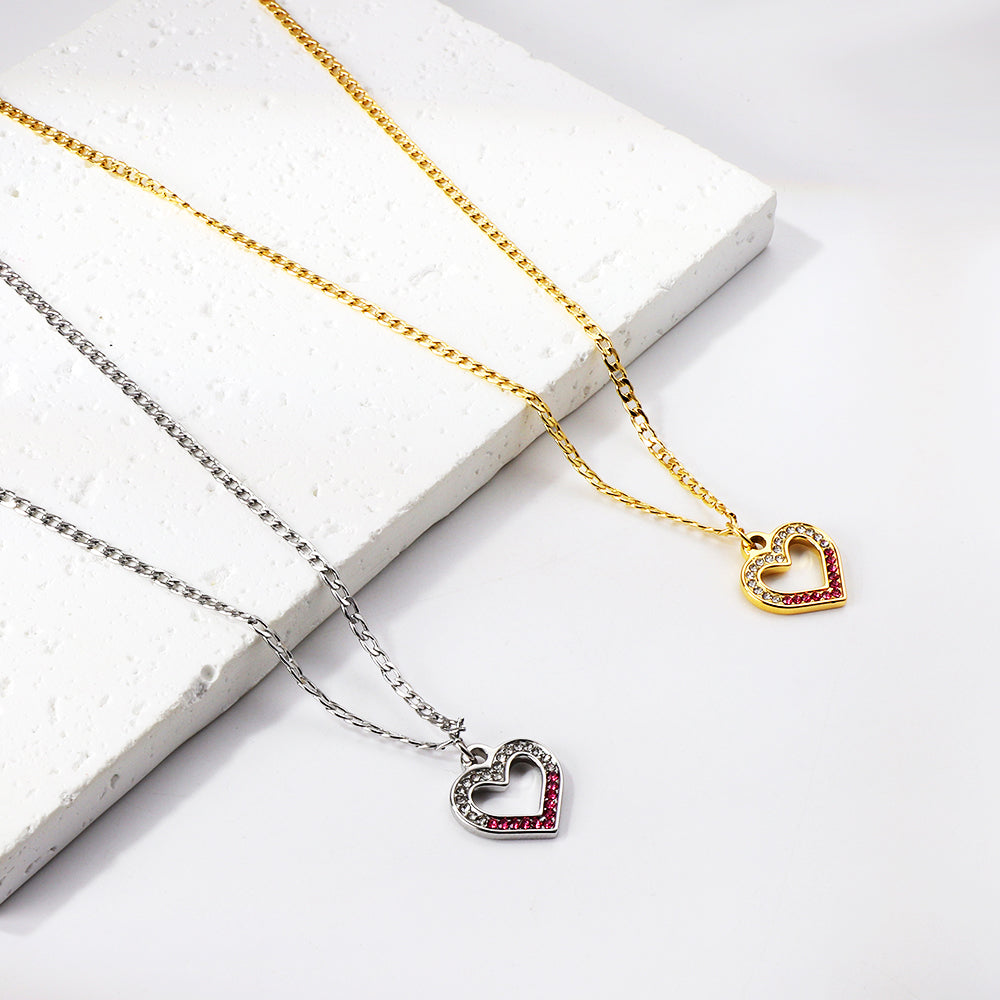 Heart Ring with Mixed Color Diamond Pendant Necklace 44+5cm
