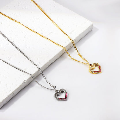 Heart Ring with Mixed Color Diamond Pendant Necklace 44+5cm
