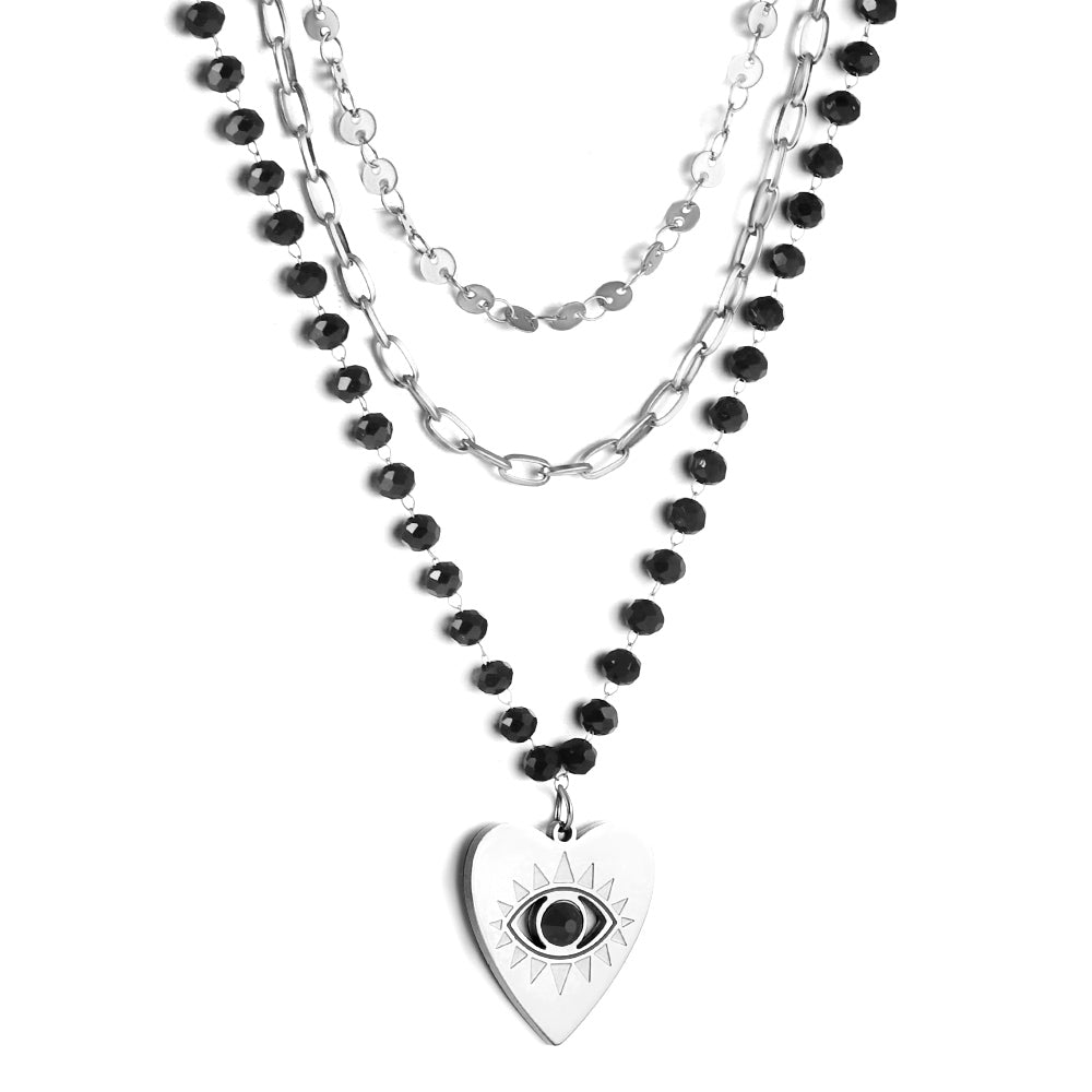 Heart with Black Eye Bead Pendant Black Bead Chain + Matching Chain + Matching Chain Triple Chain 52+44+38+5cm