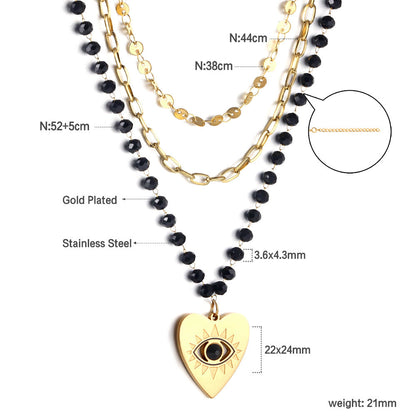 Heart with Black Eye Bead Pendant Black Bead Chain + Matching Chain + Matching Chain Triple Chain 52+44+38+5cm