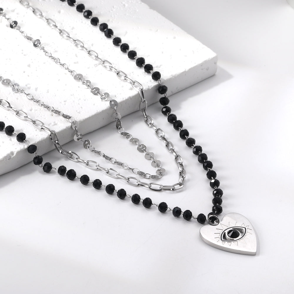 Heart with Black Eye Bead Pendant Black Bead Chain + Matching Chain + Matching Chain Triple Chain 52+44+38+5cm