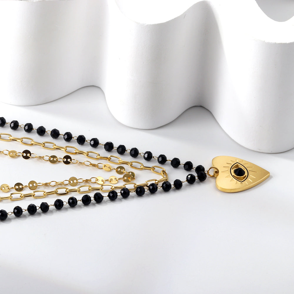 Heart with Black Eye Bead Pendant Black Bead Chain + Matching Chain + Matching Chain Triple Chain 52+44+38+5cm