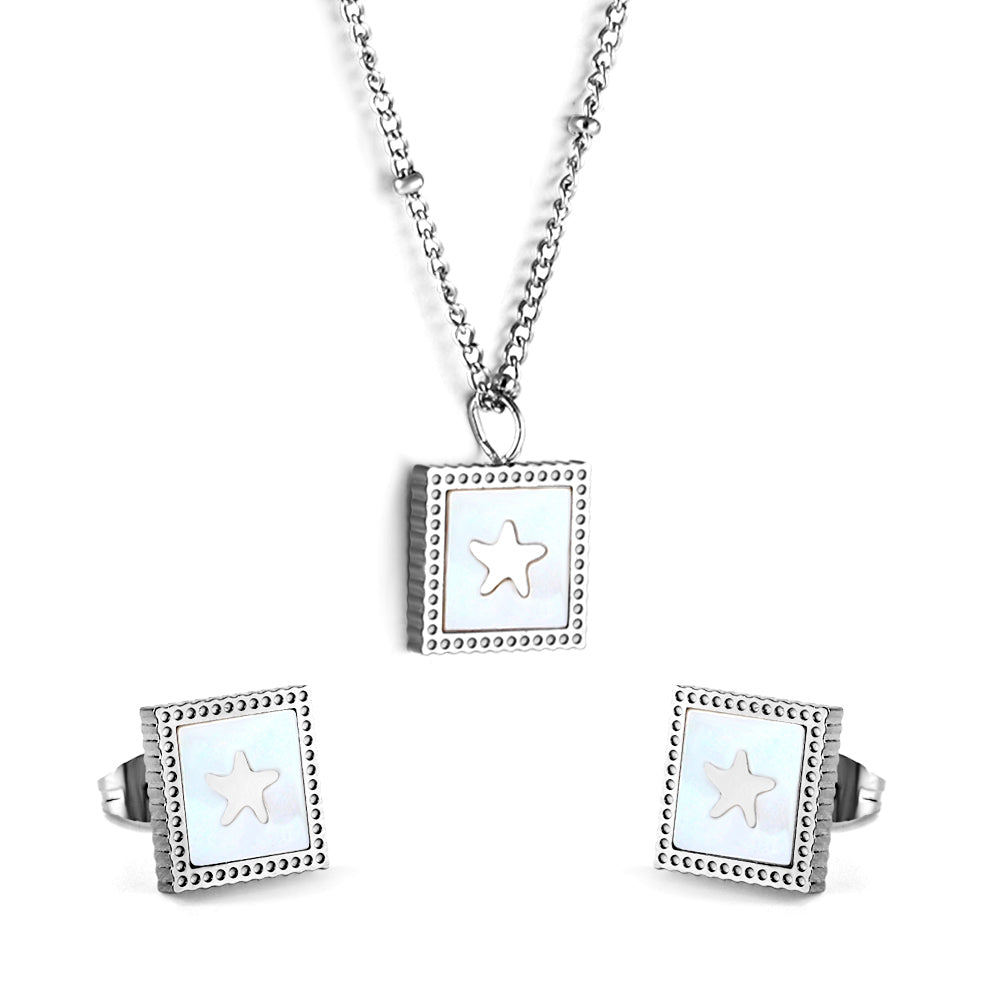 Square White Shells with Star Set Steel/Gold