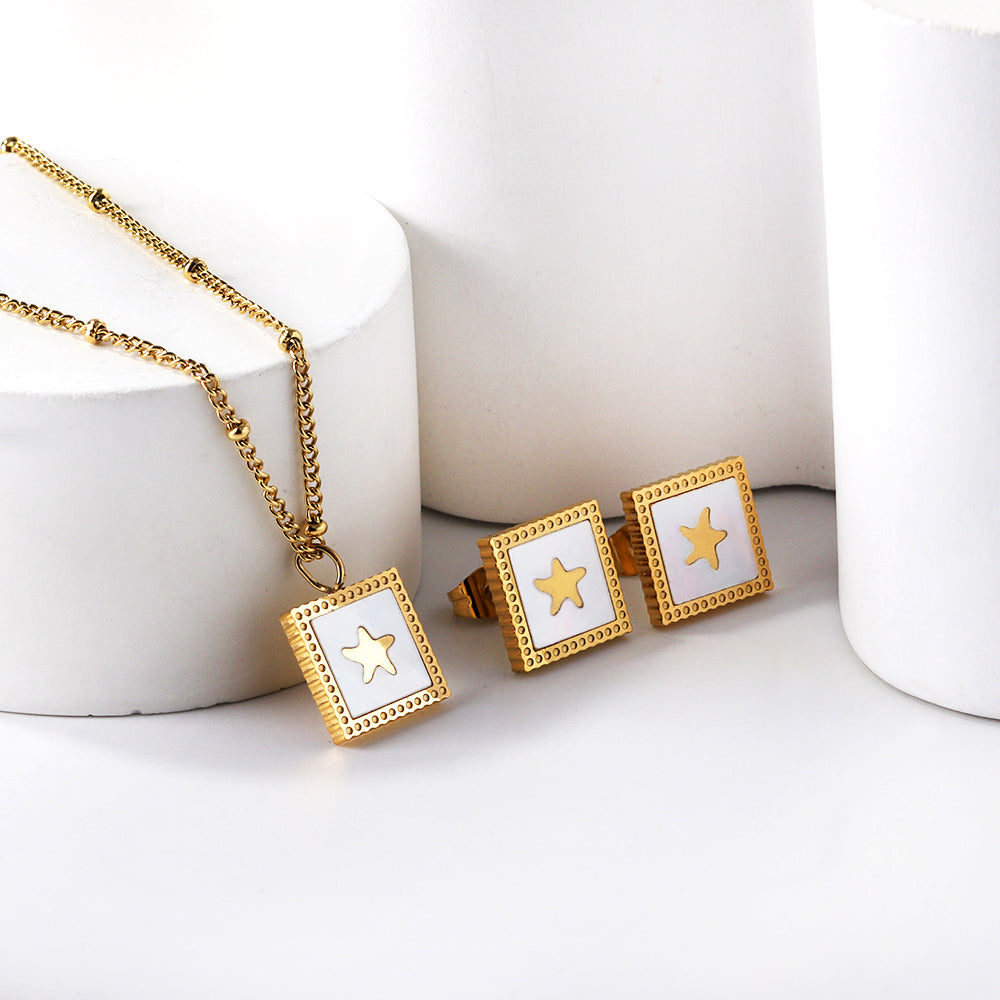 Square White Shells with Star Set Steel/Gold