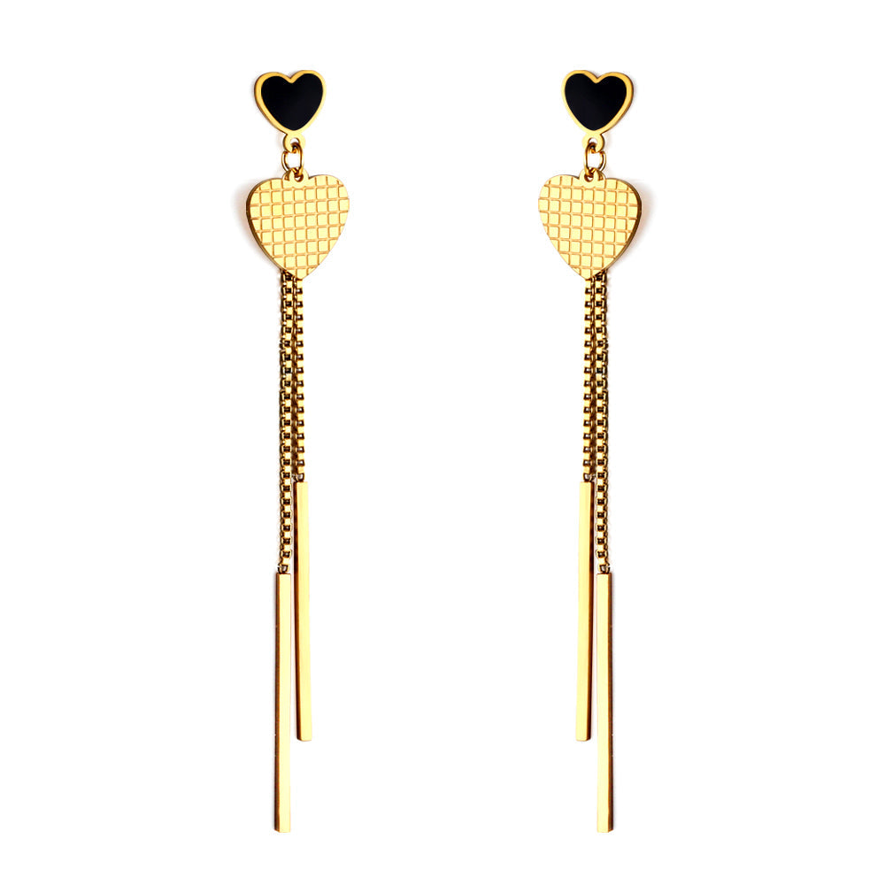 Black oil drop heart + heart + two rectangular bar earrings in 18k gold