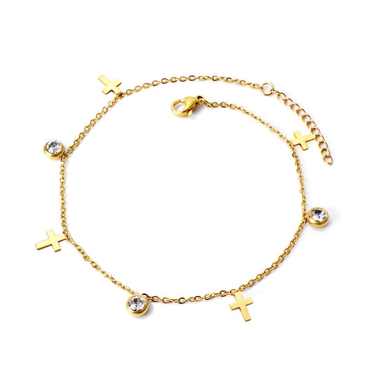 Spring 4 crosses + 3 round diamond accessories charm anklet 24+3cm