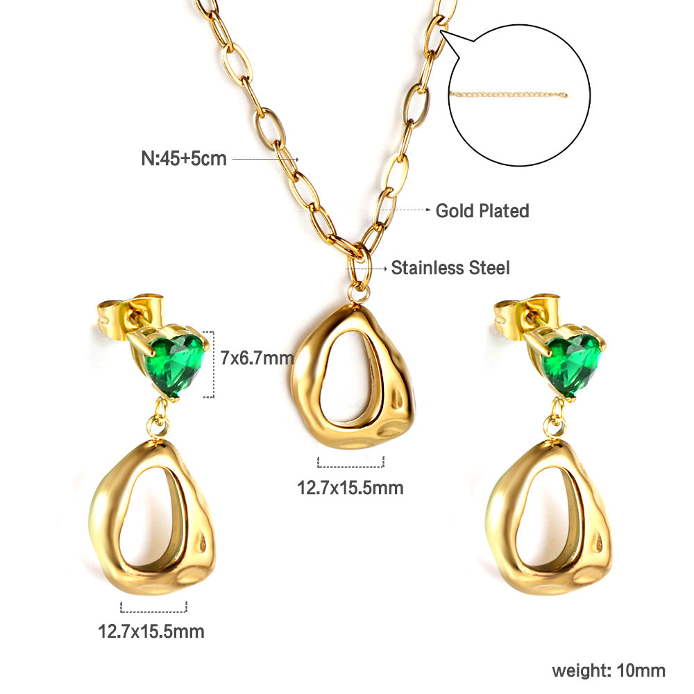 Stud earrings green heart diamond with shaped circle set steel color / gold color