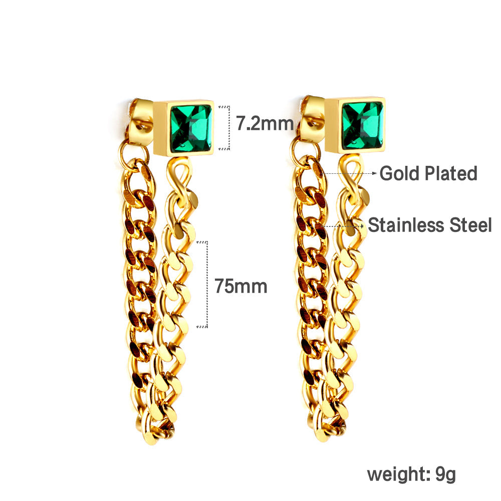 Square green diamond stud earrings with matching chain 18k gold