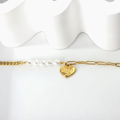 HAPPY heart accessory bracelet with white pearls 17+5cm gold color