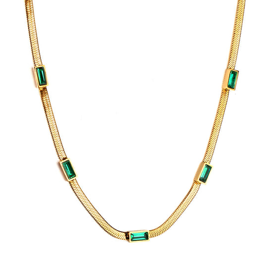 5 Rectangular Green Diamonds Pendant Necklace 42+5cm