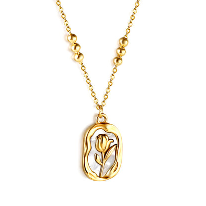 Wholesale Long Oval Rose with White Shell Pendant 3 Bead Chain Necklace 44+5cm Golden