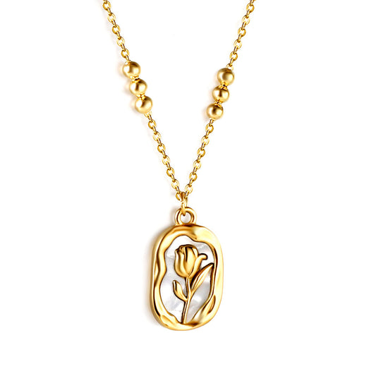Long Oval Rose with White Shell Pendant 3 Bead Chain Necklace 44+5cm Golden