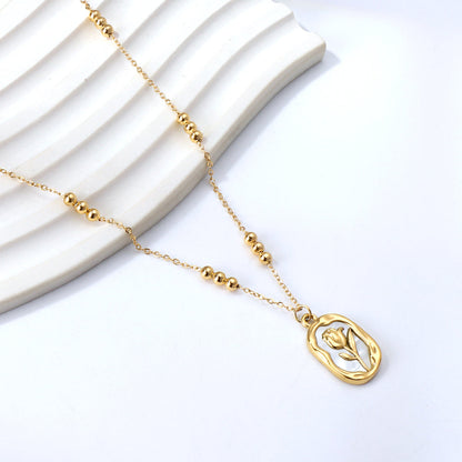 Wholesale Long Oval Rose with White Shell Pendant 3 Bead Chain Necklace 44+5cm Golden