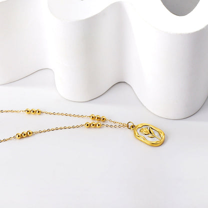 Wholesale Long Oval Rose with White Shell Pendant 3 Bead Chain Necklace 44+5cm Golden