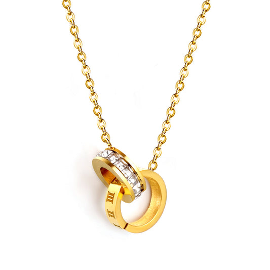Wholesale Double Circle Pendant with Diamonds + Roman Numerals Necklace 44+5cm Gold Color