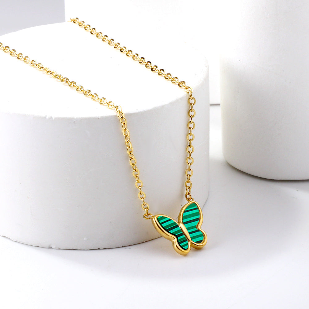 Green Horizontal & White Seashell Butterfly Pendant Necklace 42+5cm