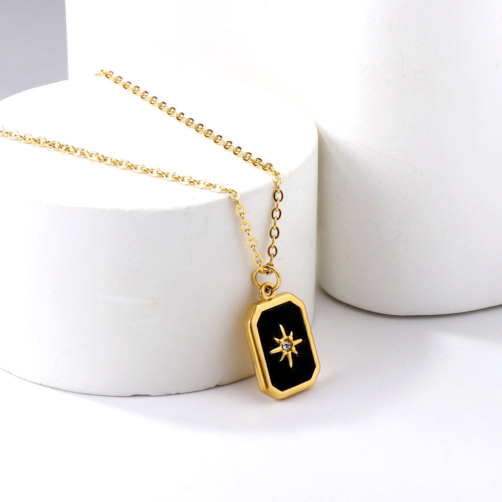 Rectangular Diamond Black & Green Horizontal Shell Pendant Necklace with Diamonds 40+5cm