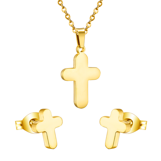 Gold/Steel Smooth Cross Jewelry Set