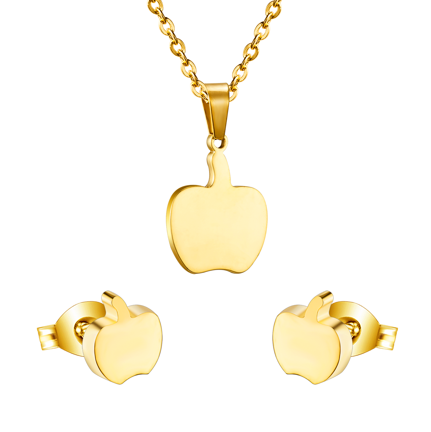 Gold/steel colored cut jewelry set with a golden apple on the cutting process
