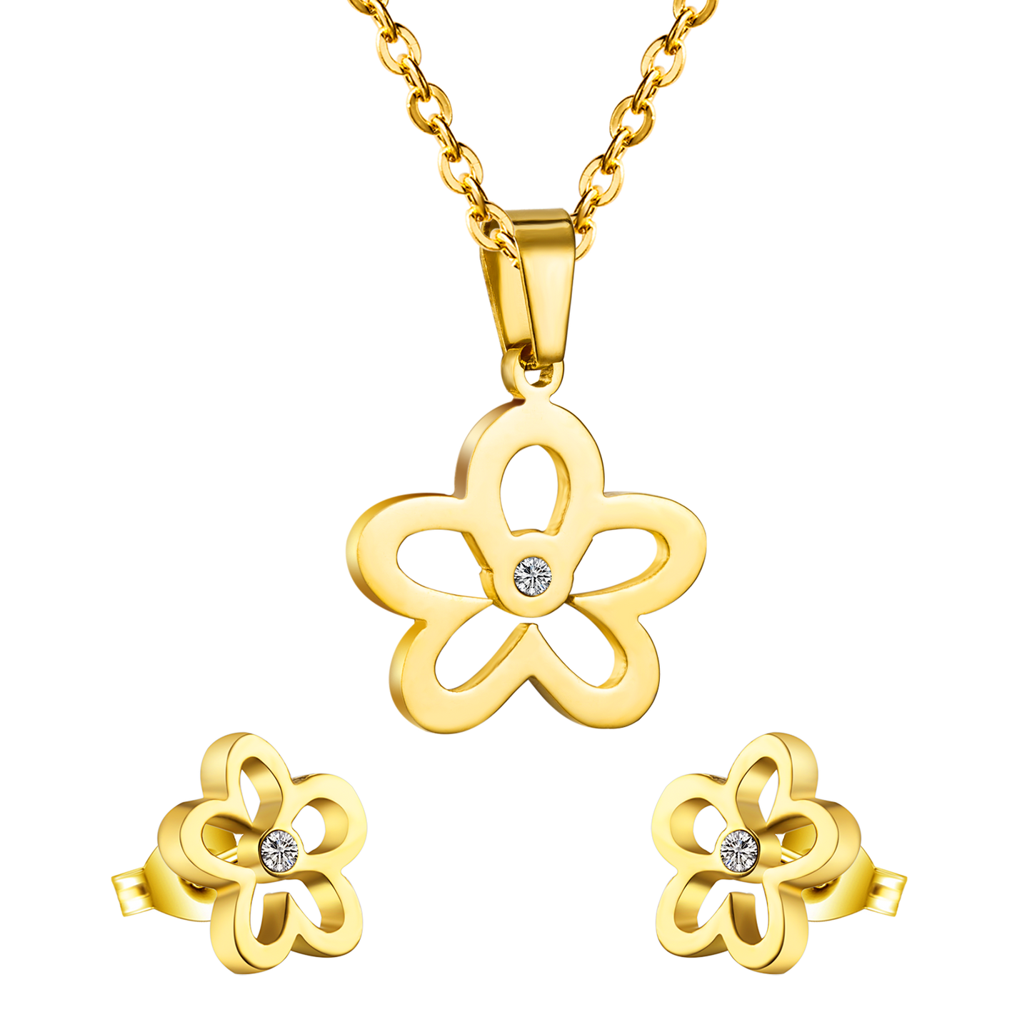 Gold/steel faceted cut jewelry set with diamonds in the center of a wispy flower