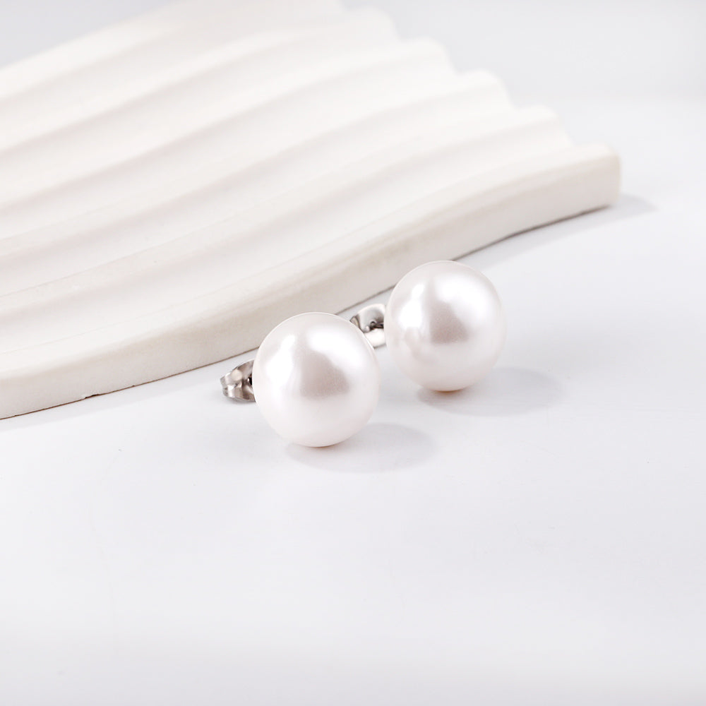14mm flat white pearl stud earrings