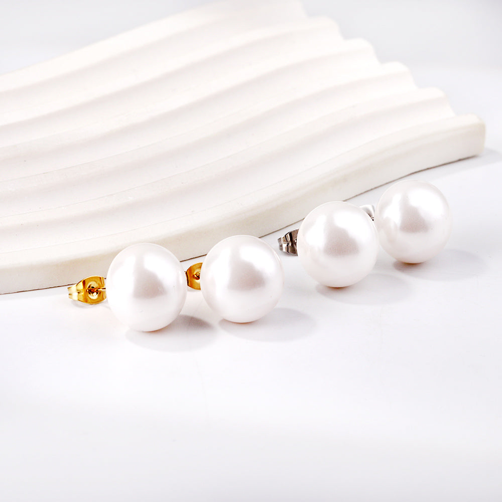 14mm flat white pearl stud earrings