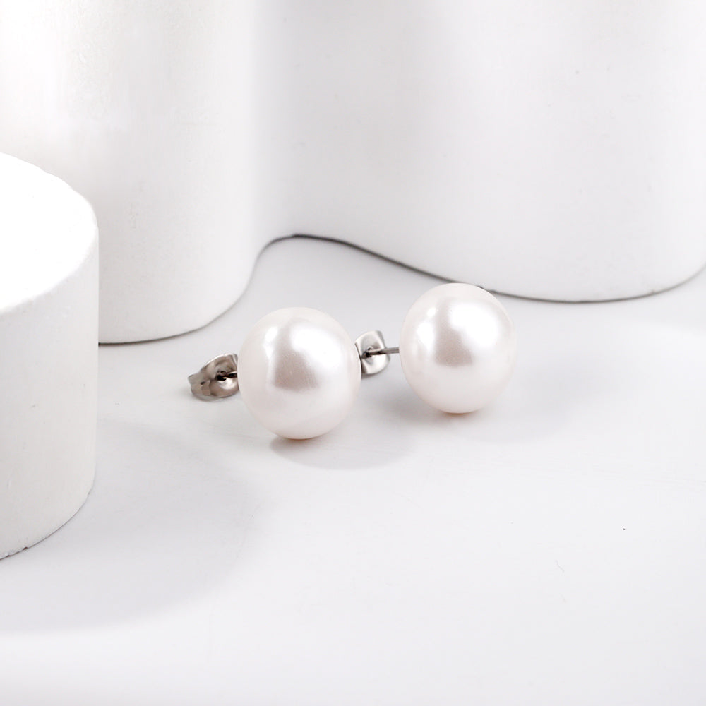 14mm flat white pearl stud earrings