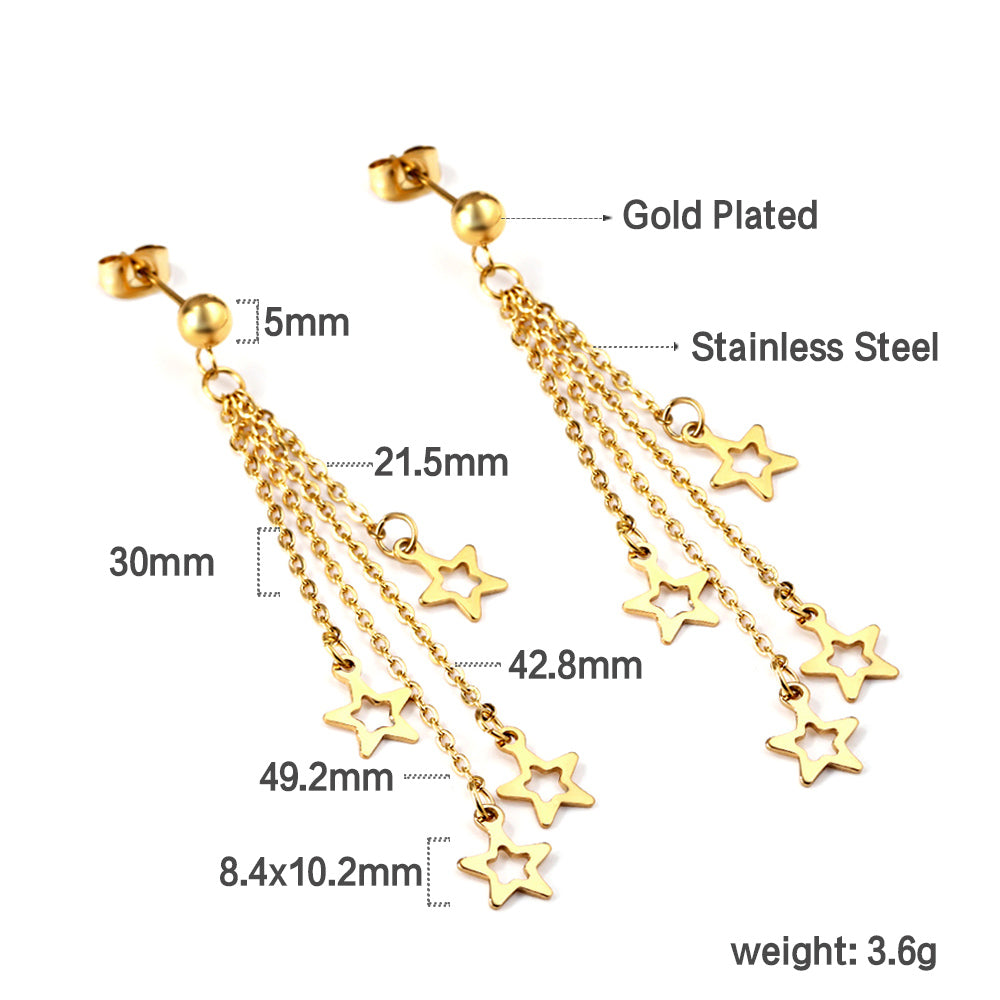 Steel Beads with Long and Short Chain 4 Stars Cutout Earrings