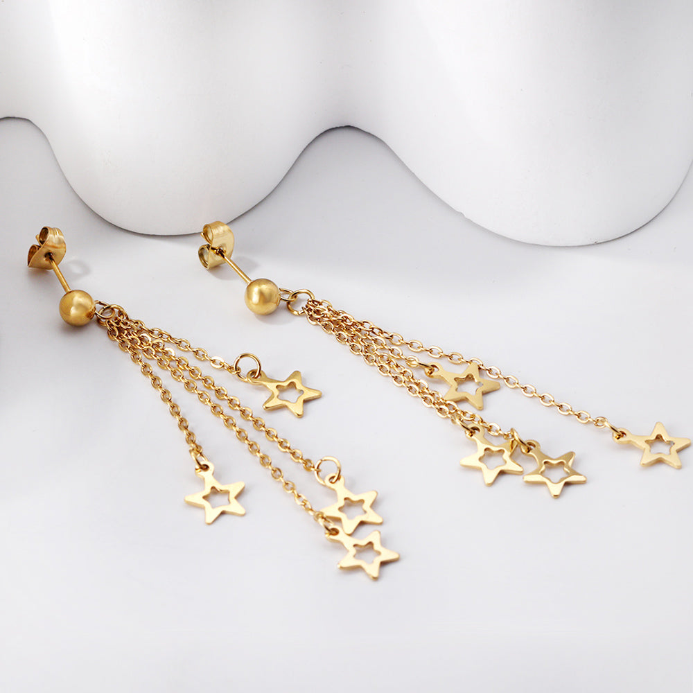 Steel Beads with Long and Short Chain 4 Stars Cutout Earrings