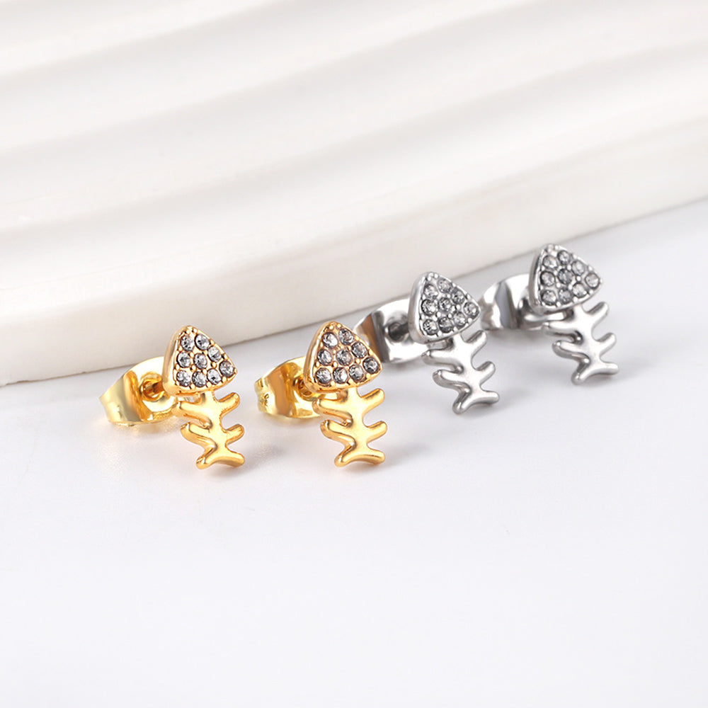 Gold fish bone cut earrings with diamonds
