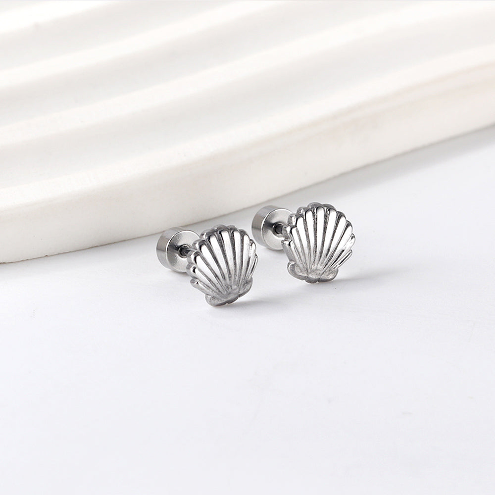 12 pairs Screw In Shell Shape Stud Earrings Gold / Steel