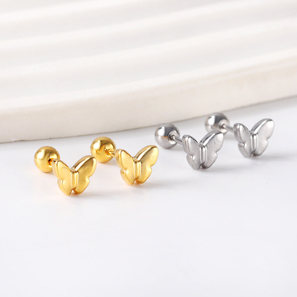 Gold coloured steel ball screw-in butterfly earrings