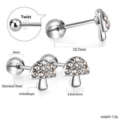 Gold coloured steel ball screw-in mushroom stud earrings with white diamonds