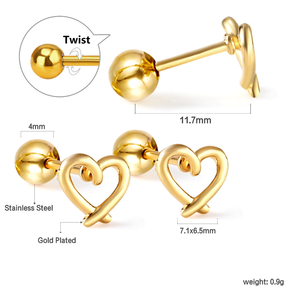 Gold coloured steel beads and screws heart cut-out earrings
