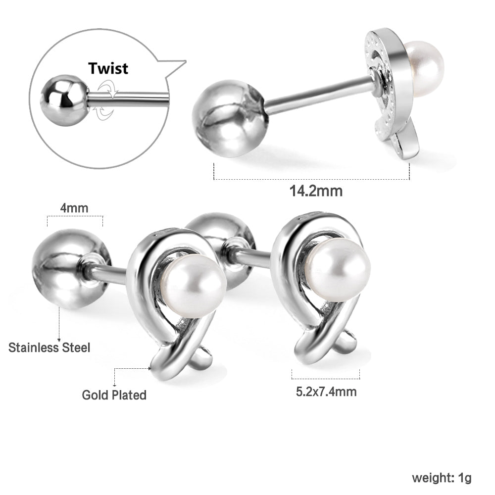 Gold coloured steel ball screw back fish shaped stud earrings with white pearls