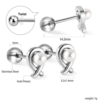 Gold coloured steel ball screw back fish shaped stud earrings with white pearls