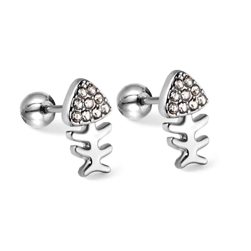 Gold coloured steel bead screw plug fishbone with white diamonds stud earrings