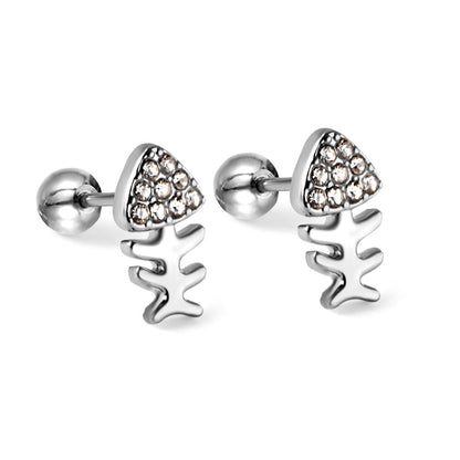 Gold coloured steel bead screw plug fishbone with white diamonds stud earrings