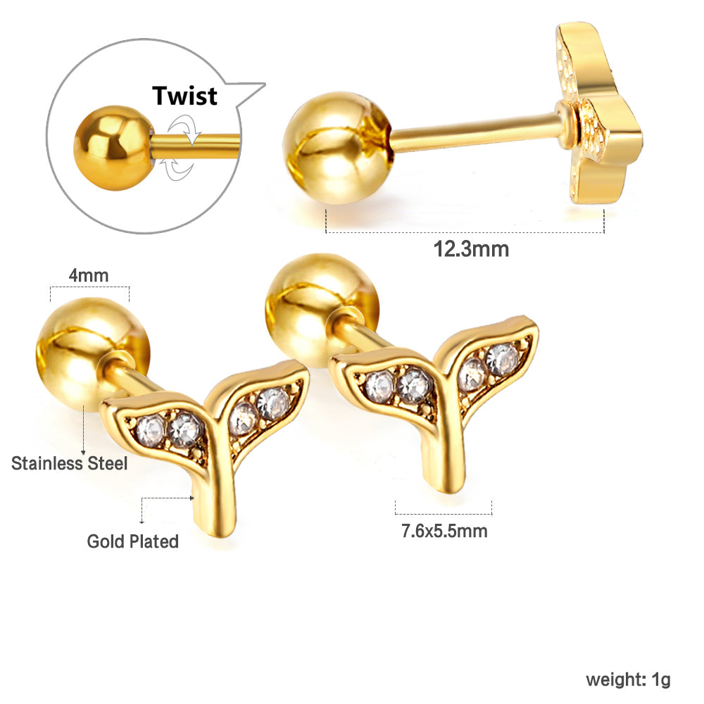 Gold coloured steel ball screw-in crooked star with white diamonds stud earrings