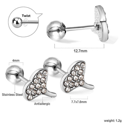 Gold coloured steel ball screw back fan leaf earrings with white diamonds