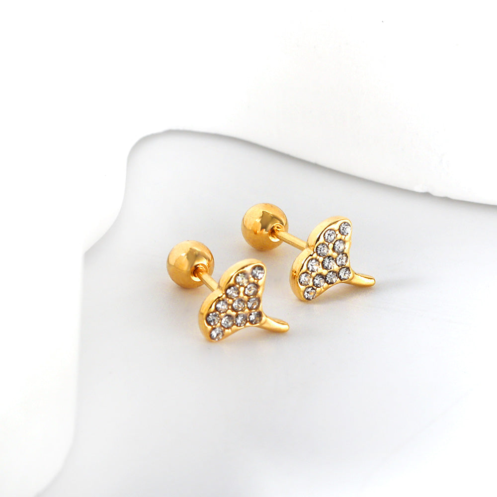 Gold coloured steel ball screw back fan leaf earrings with white diamonds