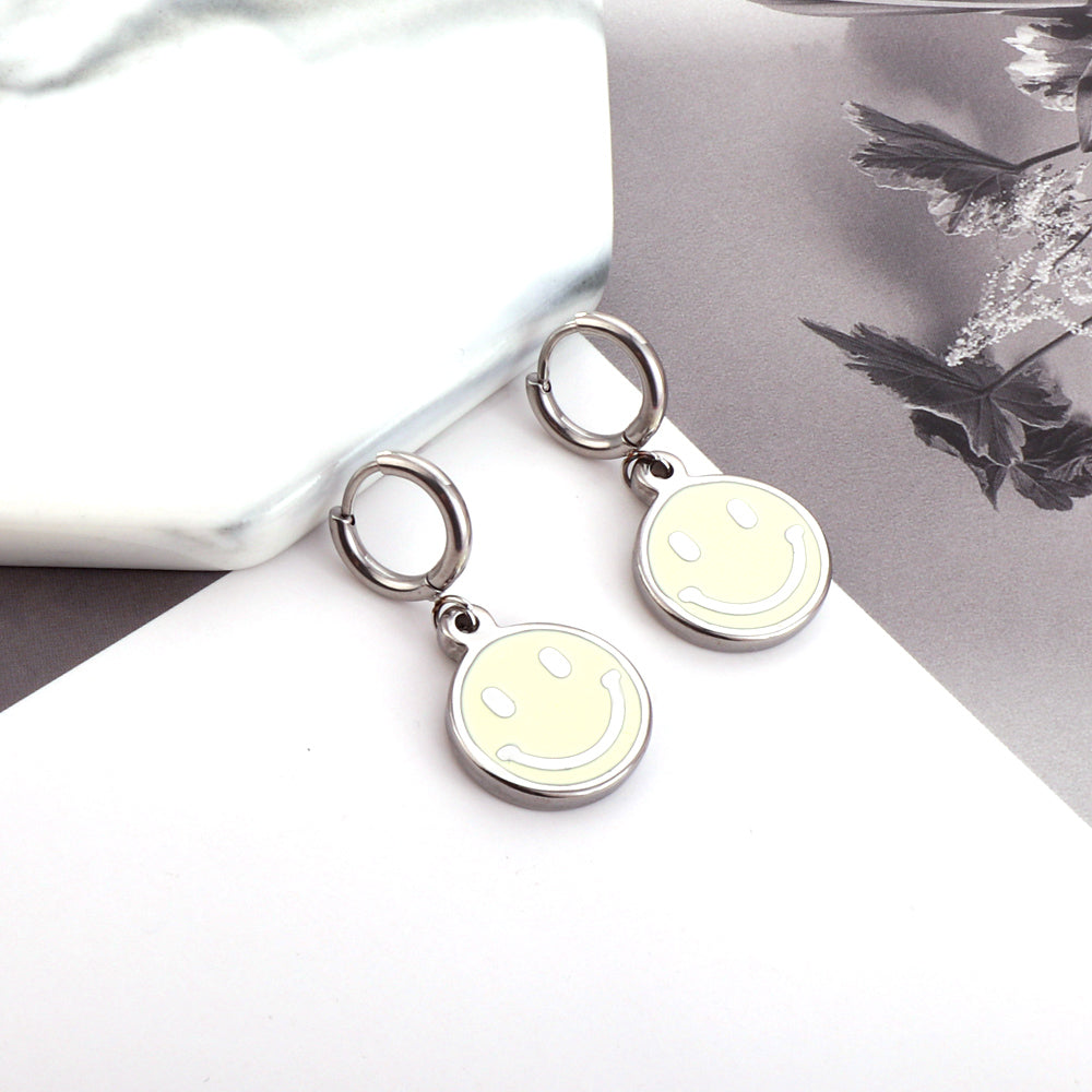 Enamel Girls Kids Jewelry Fashion Stainless Steel Yellow Smiley Earrings