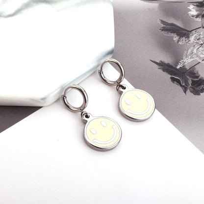 Enamel Girls Kids Jewelry Fashion Stainless Steel Yellow Smiley Earrings