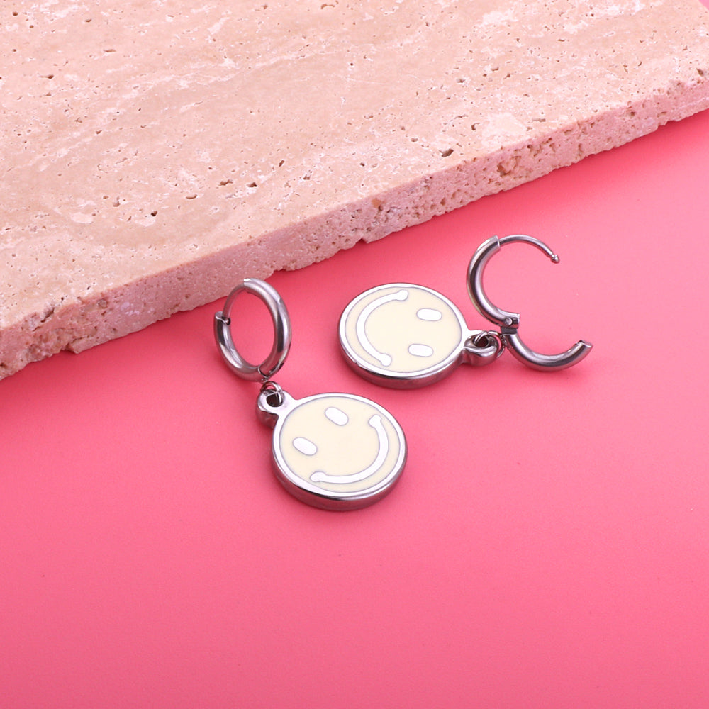 Enamel Girls Kids Jewelry Fashion Stainless Steel Yellow Smiley Earrings