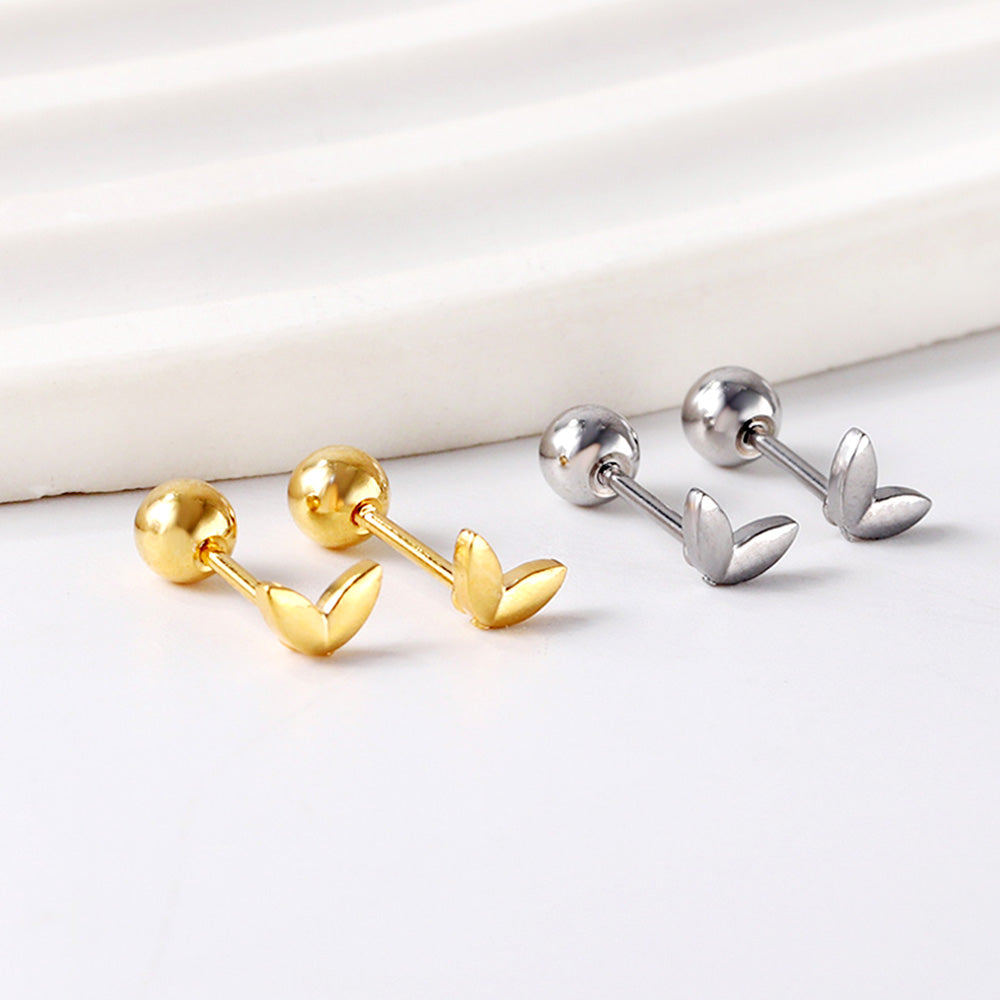 Gold coloured steel ball screw-in leaf stud earrings